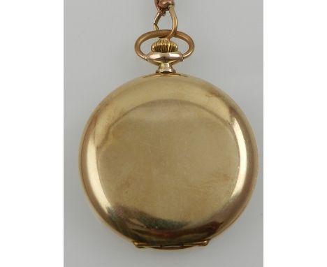 A 'gold filled' full hunter pocket watch, with suited chain, the yellow dial set out with Arabic numerals and subsidiary seco