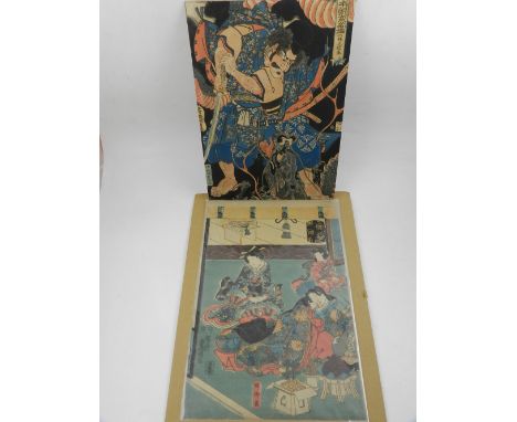 A Japanese woodblock print, depicting three women, H.38cm W.25cm, together with one other depicting a warrior battling a drag