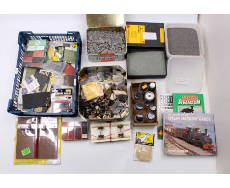One box and one tray of scenic material including slate chips &amp; dust, a large tin of kit &amp; scratch building pieces, p