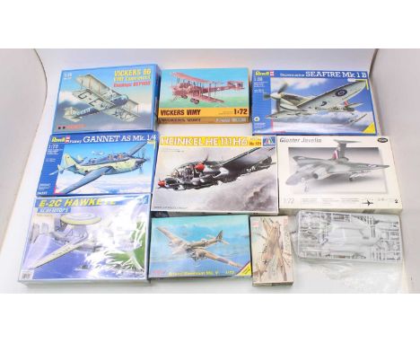 One tray of mixed scale plastic aircraft kits to include Revell, Testors, Italteri, and others, to include a Testor Gloster J