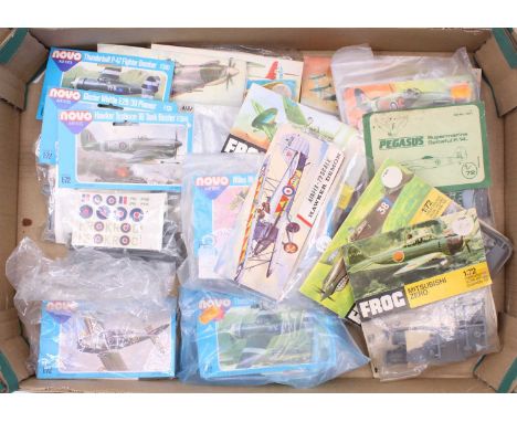 One box containing a quantity of various Frog, Novo, Airfix, and similar 1/72 scale bagged plastic aircraft kits to include a