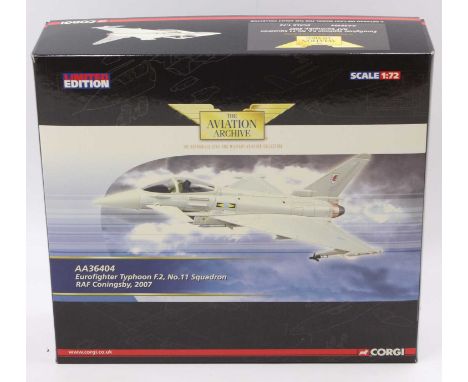 A Corgi Aviation Archive 1/72nd scale No. AA 36404 Eurofighter Typhoon F.2, No. 11 Squadron RAF Coningsby, 2007, appears as i