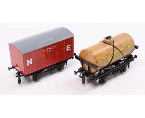 Seven ACE Trains items: NE Gunpowder van, red with white letters (NM); National Benzole Mixture tank wagons, light brown with