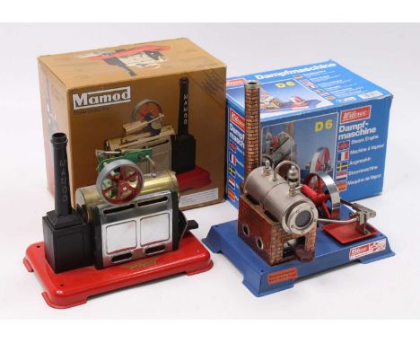 A Wilesco D6 Stationary Steam Engine, of usual specification housed on tinplate base, with a Mamod boxed SP2 horizontal steam