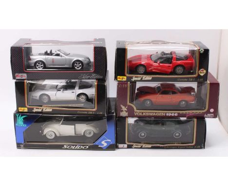 One box containing a collection of six various 1/18 scale diecast vehicles including a Maisto Corvette ZR1, a Road Legends Vo