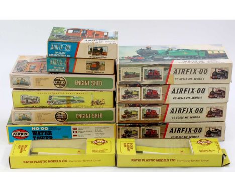 Tray containing boxed plastic kits, all unsealed, completeness cannot be assured: Airfix:- 2 x Engine Shed; 3 x City of Truro