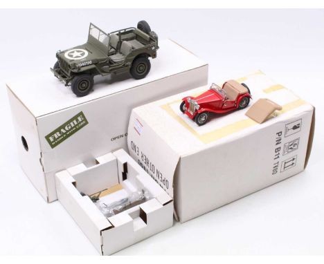 A Danbury Mint 1/16 scale model of a WWII military Jeep replica, finished in military drab green with USA Star transfer and l