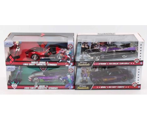 Jada DC Comics 1/24th scale boxed model group of 4 comprising Batman's The Joker 2009 Chevy Corvette Stingray, Catwoman's 195