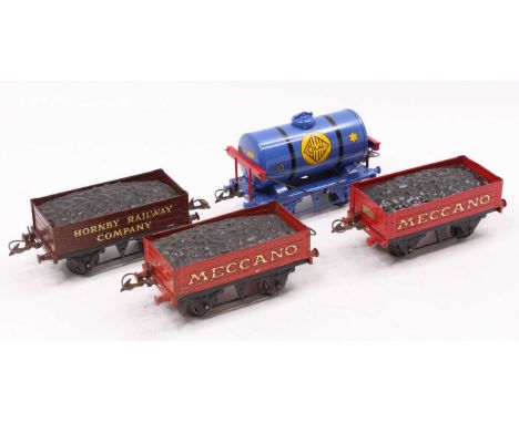 Four Hornby 0-gauge pre-war wagons: Total repaint by ‘JHM 1980 No.9,’ Colas tank no.33 (M) as a repaint; 1931-6 Coal Wagon ‘M