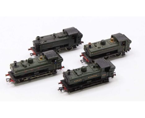 Box containing four GWR tanks- 3 pannier &amp; one side. One is Bachmann, others without identification but one could be Gaie