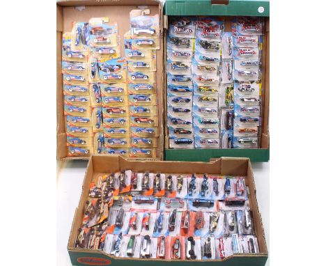 Three trays containing approx 120+ various carded Hot Wheels diecast miniatures, to include factory fresh, Hot Wheels Flames,