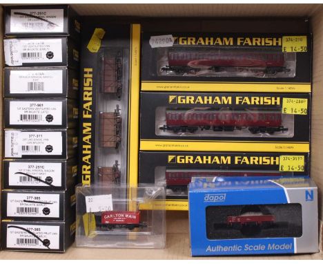 N-gauge rolling stock, nearly all Graham Farish. Mk 1 coaches suburban crimson 374-280A &amp; B with 374-311B; eleven Dapol w