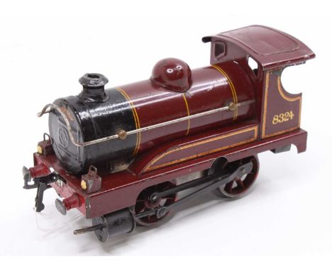 1929-31 Hornby No.1 loco only, missing tender, clockwork, LMS 8324 on cab-side, long splasher, red dome. Indentation to roof,