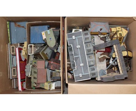 Two large boxes, one very long card kit built engine shed and some lengths of 00-gauge track. Large quantity of card building