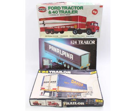 One box containing a collection of Airfix and Heller 1/24 and 1/32 scale road haulage and trailer kits to include an Airfix N