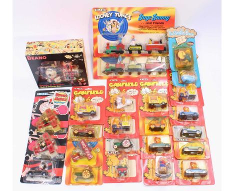 A collection of ERTL Loony Tunes, Garfield, and Dennis The Menace diecasts, with specific examples including a Loony Tunes Bu