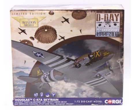 A Corgi Aviation Archive No. AA38210 1/72 scale model of a D-Day 75th Anniversary Douglas C-47A Skytrain housed in the origin