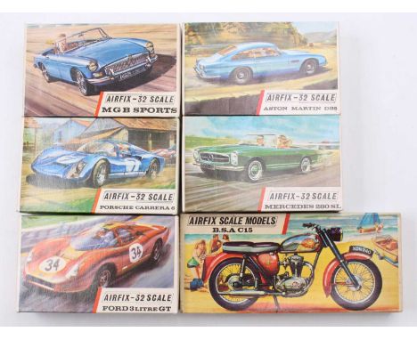 A collection of six boxed Airfix 1/32 scale plastic Airfix car and motorcycle kits to include a BSA C15, Aston Martin DB5, Me