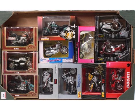 One tray containing a quantity of mixed scale mainly 1/18 diecast motorcycle vehicles by Saico, Maisto, and others, to includ