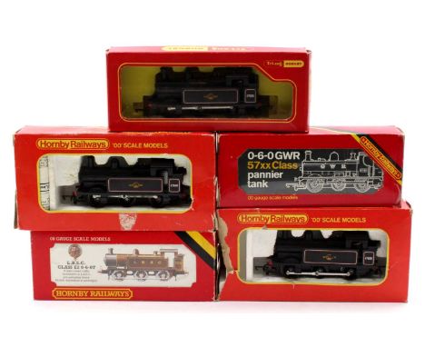 Five Hornby 0-6-0 steam outline locos: two R52 &amp; one R52S BR black No. 47606; GWR pannier No.8751; R353 LBSC No.100. Over