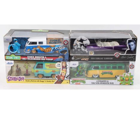 Jada 1/24th scale boxed model group of 4 comprising Scooby Doo's Mystery Machine, Cookie Monster's Volkswagen Pick-Up, Teenag