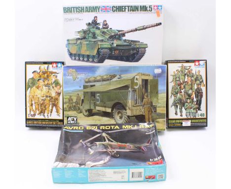 Collection of mixed plastic kits to include Tamiya, Mini Art and ARV Club, example to include ARV Club Dorchester ACV, Tamiya