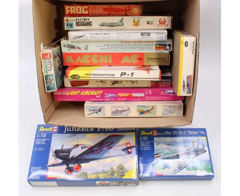 One box containing 12 mixed-scale plastic aircraft kits to include Encore Models, Hales, LS, and others, specific examples to