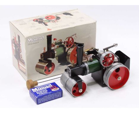 A Mamod steam roller SR1A, green body, white roof, red hubs, in its original box, very little use