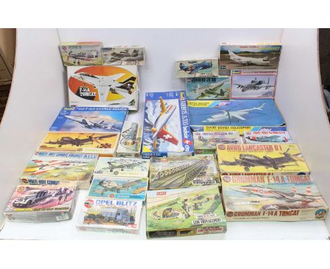 Two boxes containing a quantity of mixed scale plastic aircraft and military kits, to include Airfix, Revell and others, spec