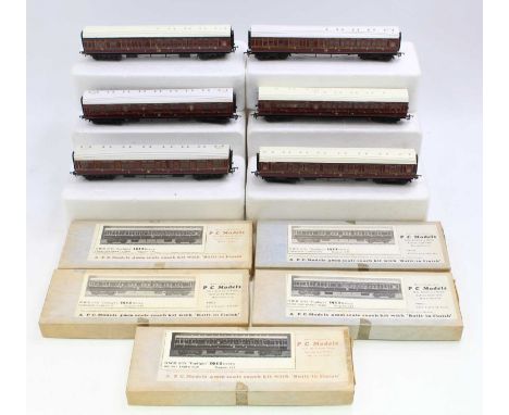 Six PC Models GWR 57’ Toplight coaches, style circa 1912. Very well assembled and beautifully painted deep red. Fine-scale wh