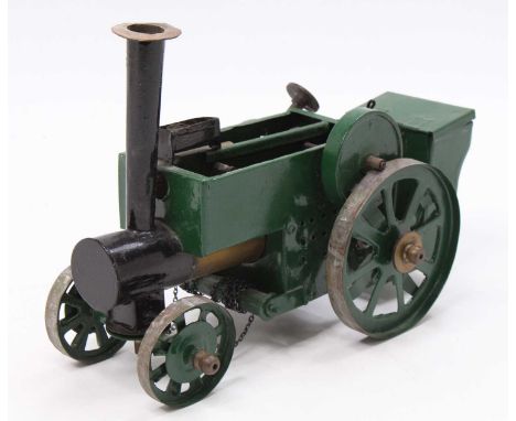 A home made spirit fired live steam traction engine, similar scale to a Mamod TE1 roller, handpainted in green and black with