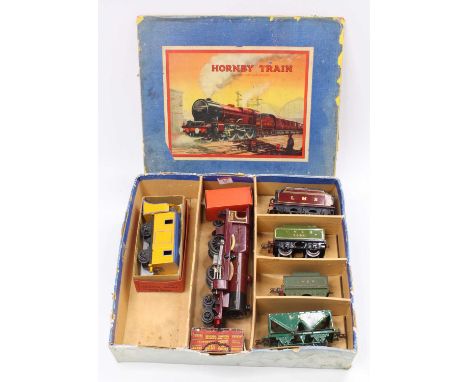 Hornby set box in very poor condition, lid sides missing, ‘Royal Scot’ illustration containing a mixed lot of Hornby: Hornby 