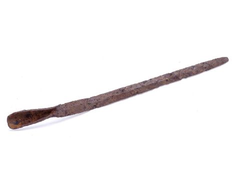 Anglo-Saxon Tool. Circa, 800-900 AD. Iron, 436 grams. 550mm x 30mm. A rare iron sword beater or weaving baton. The baton is v