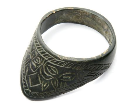 Medieval Archer's Ring.  Circa, 13th-14th century AD. Copper-alloy, 42mm x 31mm diameter (25mm internal) x 9mm. A flat sectio