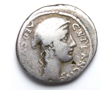 Cn.Plancius Denarius.  Circa, 55 BC. Silver, 3.34 g, 19.75 mm. Head of Macedonia right wearing causia, CN PLANCIVS before. AE