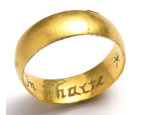 Gold Posy Ring. Circa 18th century AD. Gold, 19mm x 5mm, 3.1g. A D-sectioned band of high karat gold inscribed on the inside 