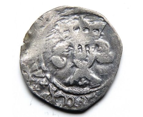 Henry IV Penny.  Light coinage, 1412-1413. Silver, 0.58 g, 14.73 mm. Crowned facing bust, trefoil on breast. +[HENRIC] REX A[