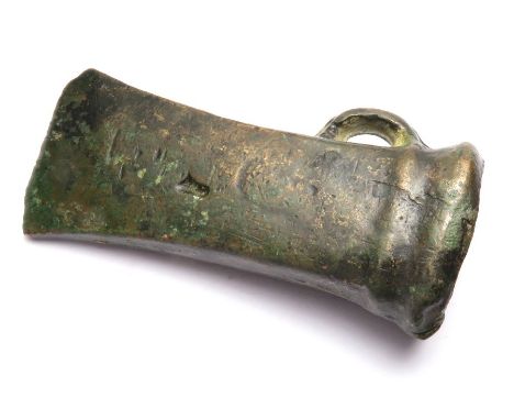 Late Bronze Age Axe Head.   Circa, 1000 B.C. Copper-alloy, 300grams. 100mm x 42mm. A nice example of a square-mouthed sockete