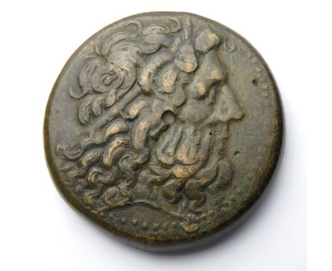 Ptolemy III Triobol.  Bronze, 35mm, 35.3g. Head of Zeus-Ammon right. Reverse: Eagle with closed wings standing left on thunde