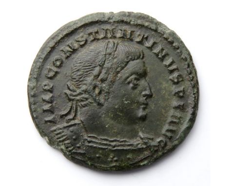 Constantine I Follis.  London, AD 307-310. Billon, 23mm, 3.88g. Laureate bust right, IMP CONSTANTINVS P F AVG. Reverse: SOL I