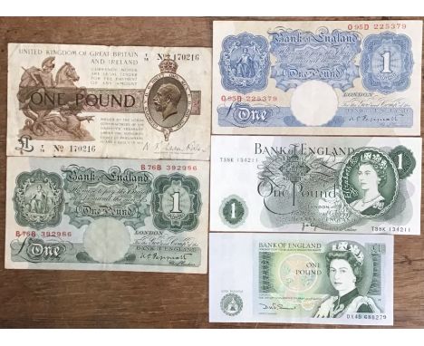 Bank of England One Pound Banknotes, includes Warren Fisher T/74 No. (black dot) 170216, Peppiatt (light blue) O95D 225379, P