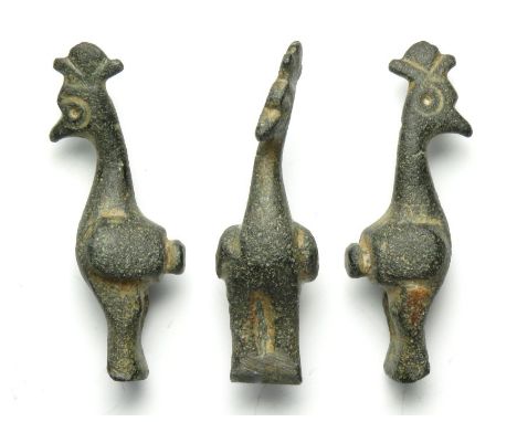 Roman Peacock.  Circa, 2nd-4th century AD. Copper-alloy, 8.95 g, 37.38 mm. A protome in the form of a peacock with a tall cre