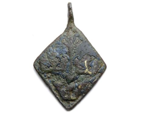 Medieval Heraldic Pendant. Circa 13th-14th century AD. Copper-alloy, 11.07 grams. 47.70 mm. A lozenge-shaped horse harness pe