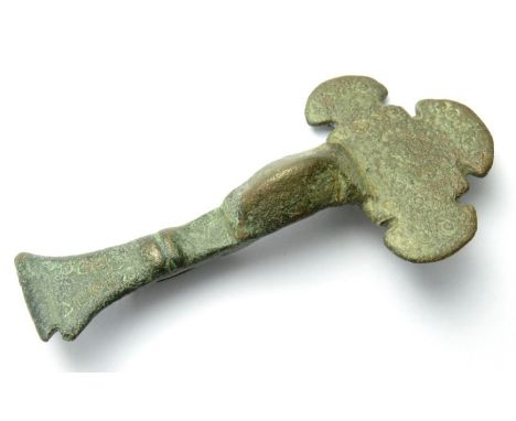 Anglo-Saxon Brooch. Circa 6th-7th century AD. Copper-alloy, 61mm x 29mm, 17.7g. A cruciform type brooch formed of a square he