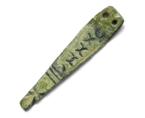 Saxon/Viking Strap-End. Circa, 9th-10th century AD. Detailed with four cross type motifs along the body of the piece and term