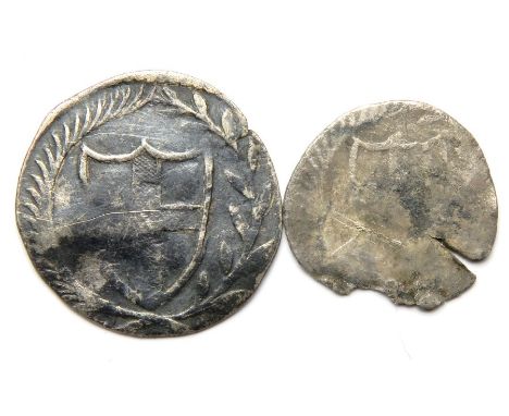 Commonwealth Coins. Circa, 1649-1660. Halfgroat and penny. Shield enclosing St George's cross, within wreath. Reverse: Conjoi