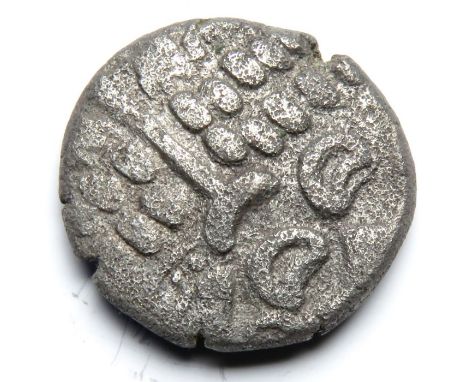 Durotriges Cranborne Chase Stater.  Circa, 50-20 B.C. Billon, 2.60 g, 17.25 mm. Wreath, cloak and crescents. Reverse: Disjoin