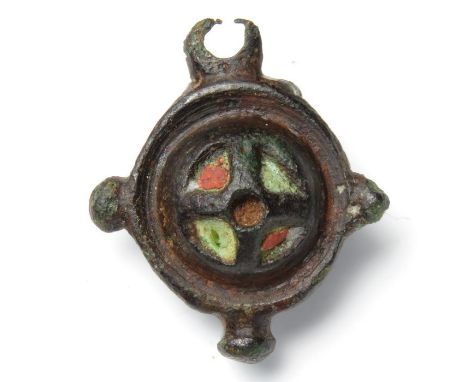 Roman Enamel Brooch.  Circa, 1st-2nd century AD. Copper-alloy, 8.54 g, 28.38 mm. An early form of umbonate type plate brooch.