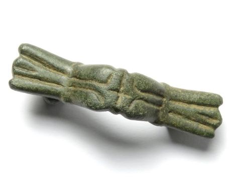 Anglo-Saxon Brooch. Circa, 7th century AD. Copper-alloy, 8.35 grams. 41.45 mm. A Frankish type equal-armed brooch detailed wi