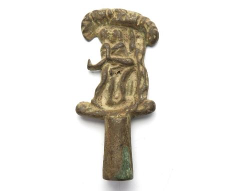 Erotic Pipe Tamper. Circa, 18th century. Copper-alloy, 33.4 grams. 62mm. Depicting two people in erotic scene below a tree. 